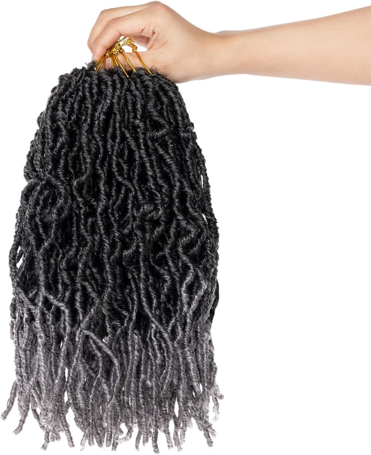 اکستنشن مو بافت مدل Nu Faux Locs از برند Xtrend، بسته 6 عددی، سایز 12 اینچ، از پیش حلقه شده، رنگ خاکستری، مدل Goddess Faux Locs، بافت موج دار Dreadlock