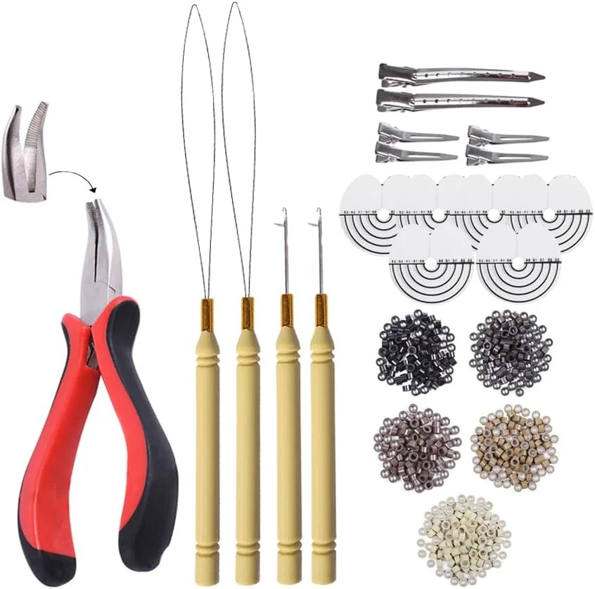 مجموعه 1000 عددی حلقه های سیلیکونی میکرو برای اکستنشن مو، شامل انبر مو، سوزن قلاب کششی و 1000 عدد حلقه سیلیکونی میکرو