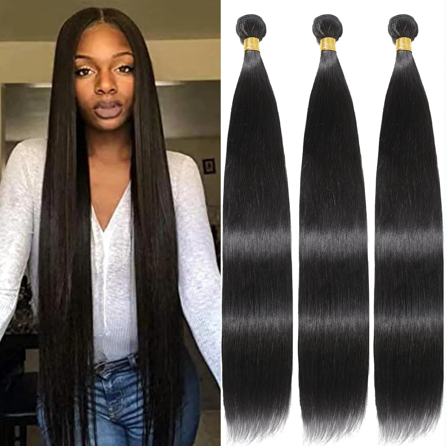 بسته های موی صاف طبیعی YAREESONG، موی طبیعی برزیلی درجه 12A، 3 بسته موی 100% فرآوری نشده، بافت موی صاف، اکستنشن موی طبیعی مشکی، سایز 34 34 34 اینچ