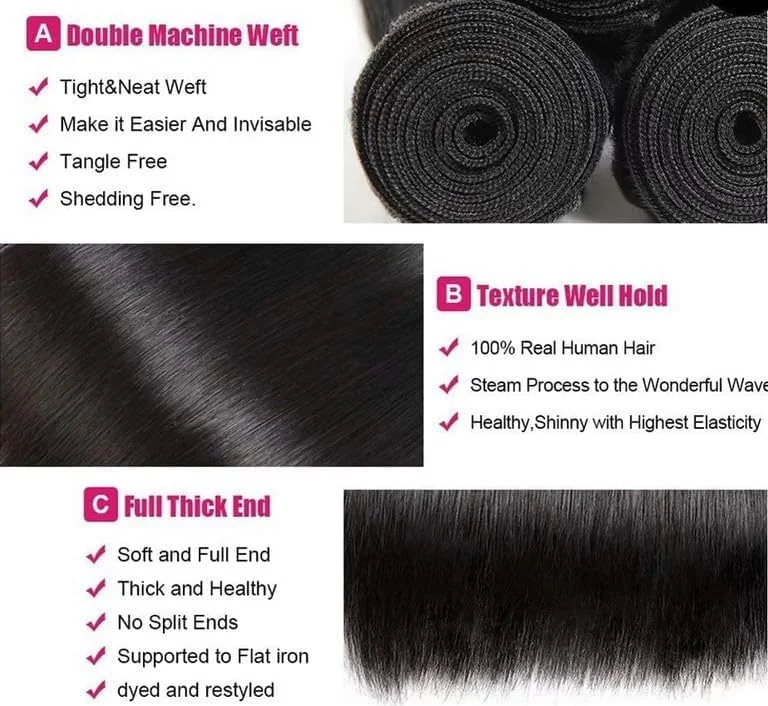 بسته های موی صاف طبیعی YAREESONG، موی طبیعی برزیلی درجه 12A، 3 بسته موی 100% فرآوری نشده، بافت موی صاف، اکستنشن موی طبیعی مشکی، سایز 34 34 34 اینچ