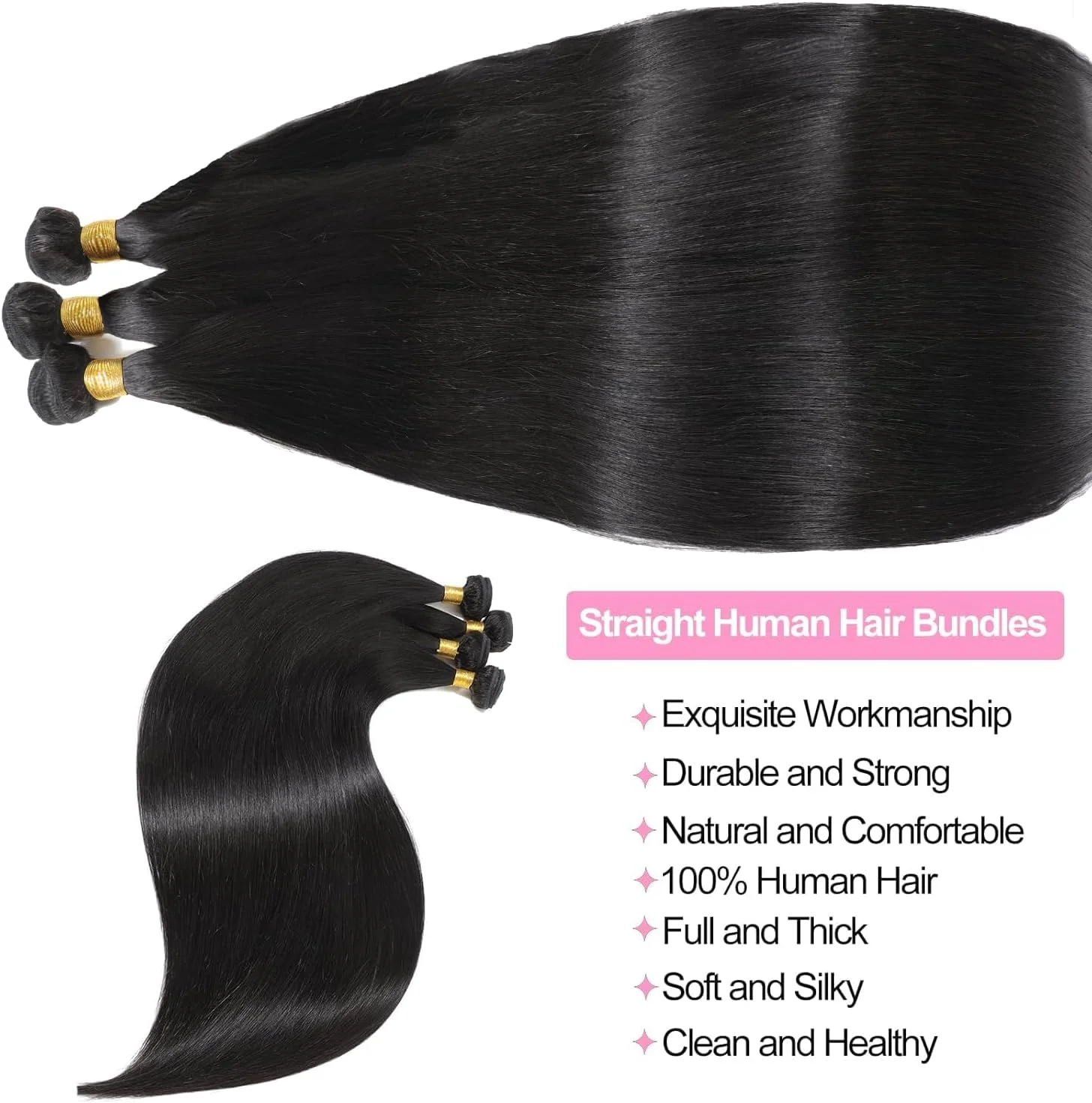 بسته های موی صاف طبیعی YAREESONG، موی طبیعی برزیلی درجه 12A، 3 بسته موی 100% فرآوری نشده، بافت موی صاف، اکستنشن موی طبیعی مشکی، سایز 34 34 34 اینچ