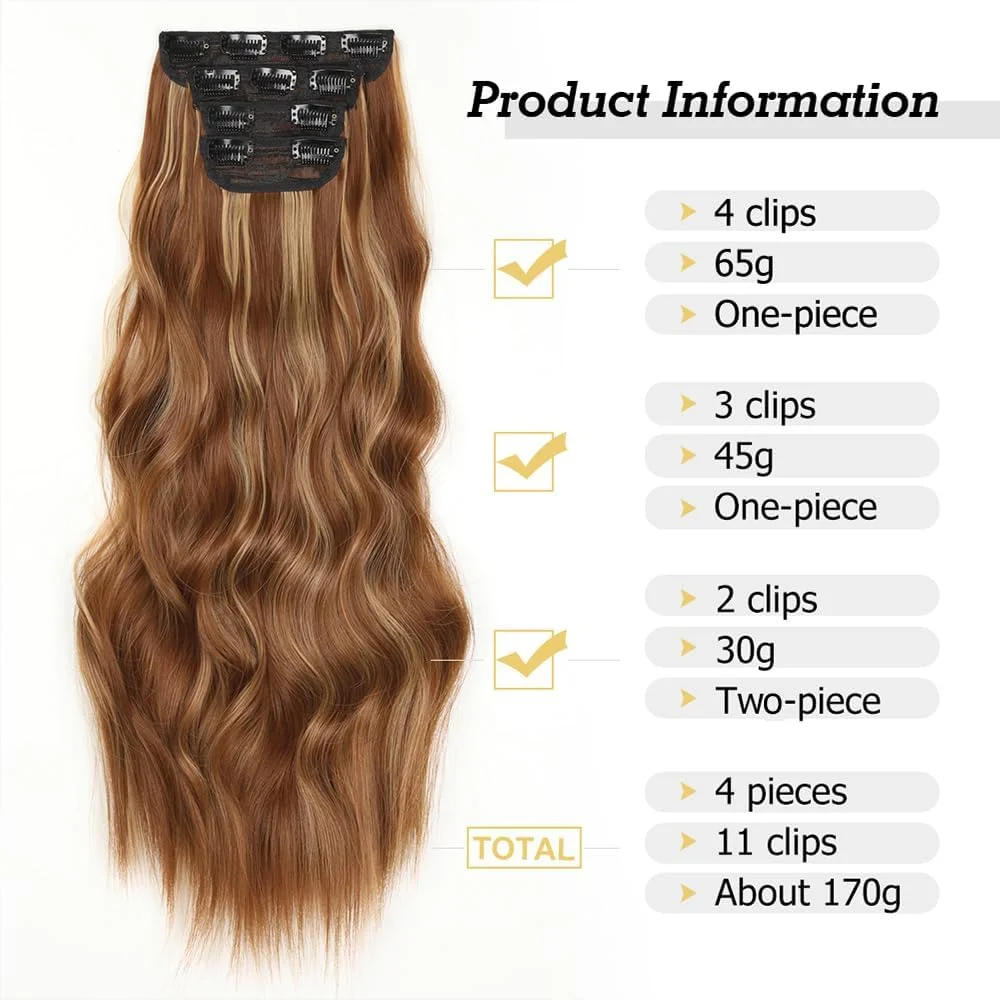 اکستنشن مو کلیپسی YDDM، اکستنشن موی موج دار با گیره، سر کامل، شبیه موی واقعی، گیره اکستنشن مو، اکستنشن کلیپسی ارزان، تکه موی مصنوعی برای زنان (20 اینچ، 4 تکه)