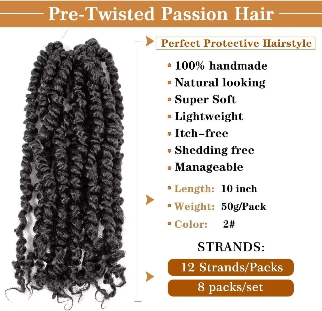 موهای بافت کروشه ای مدل Passion Twist YDDM، سایز 10 اینچ، 8 بسته، مناسب برای خانم‌های با پوست تیره، موهای بافت کروشه ای از قبل پیچیده شده، موهای بافت مصنوعی (10 اینچ، شماره 2)