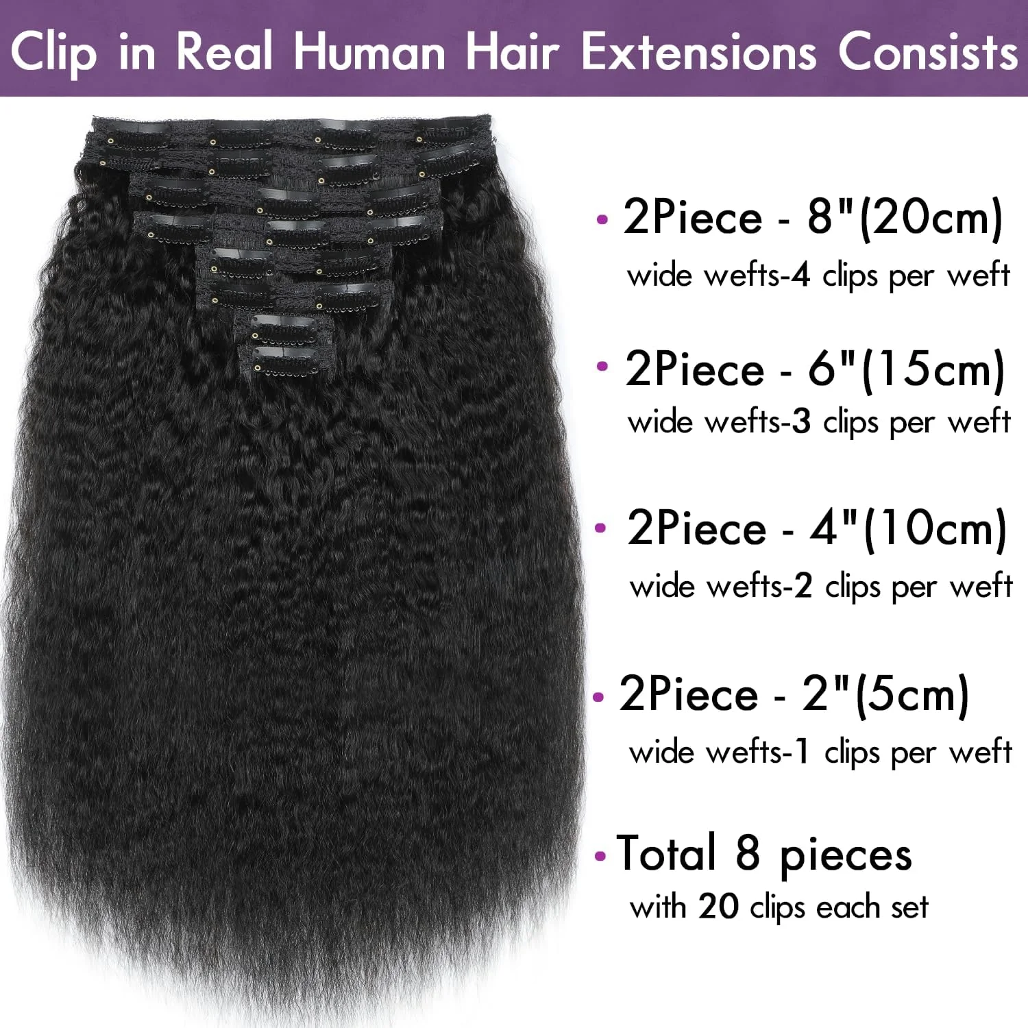 اکستنشن موی کلیپسی صاف YDDM، 30.5 سانتی متر، 120 گرم، 8 تکه، اکستنشن موی مشکی طبیعی، موی کلیپسی، اکستنشن موی طبیعی