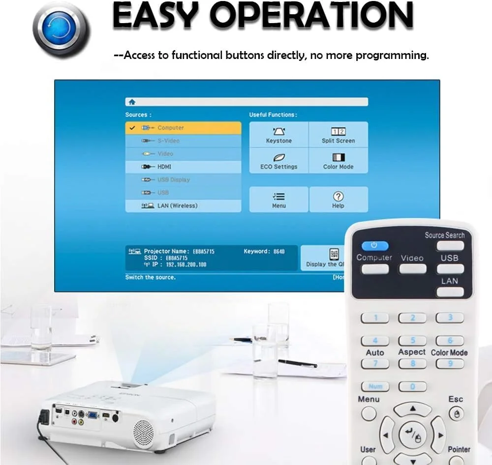 ریموت کنترل جایگزین برای پروژکتورهای اپسون | سازگار با BrightLink 675Wi+/680Wi/685Wi+/695Wi+/696Ui/710Ui | PowerLite 670/675W/680/685W/700U | Home Cinema LS100 | کنترلر مادون قرمز ریموت کنترل جایگزین برای پروژکتورهای اپسون | سازگار با BrightLink 675Wi+/680Wi/685Wi+/695Wi+/696Ui/710Ui | PowerLite 670/675W/680/685W/700U | Home Cinema LS100 | کنترلر مادون قرمز