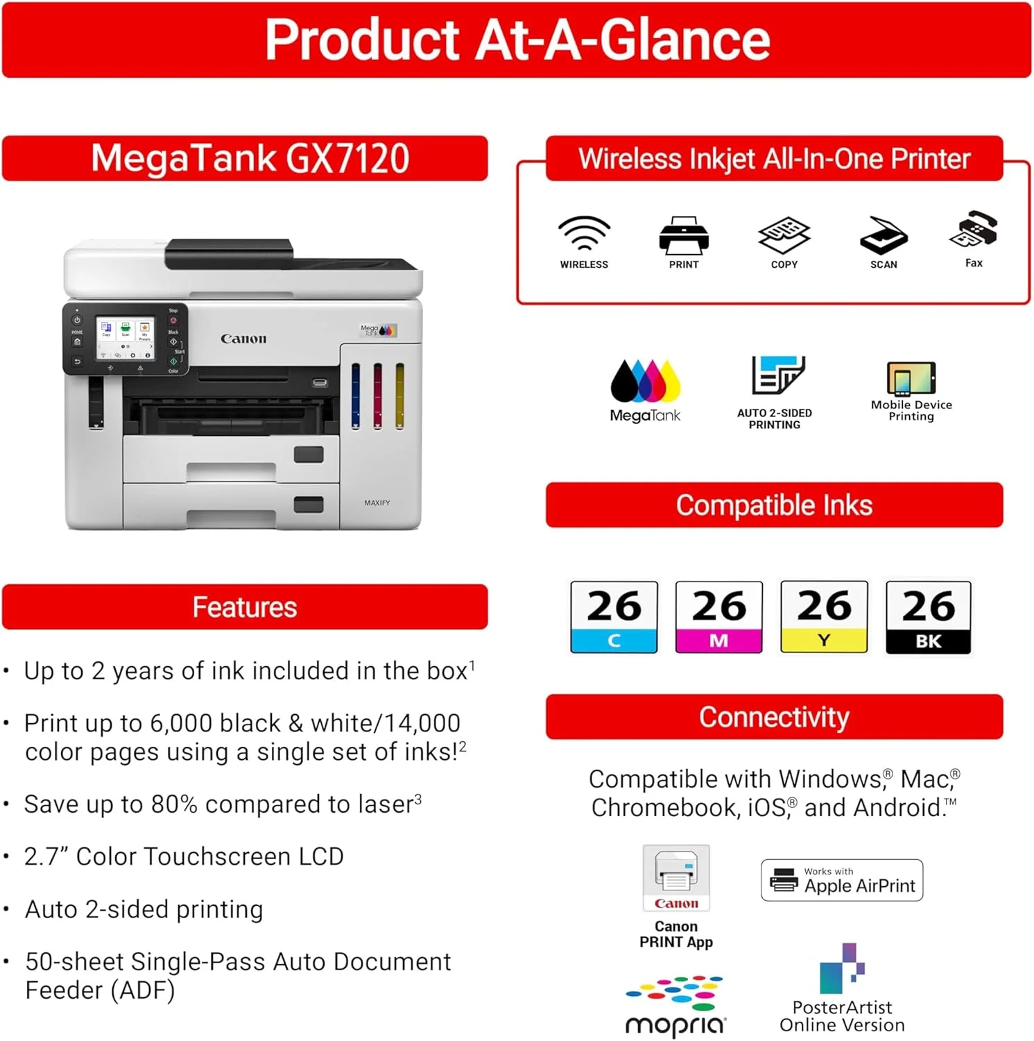 پرینتر چندکاره بی سیم کانن مدل Megatank GX7120، چاپ، کپی، اسکن و فکس با صفحه لمسی 2.7 اینچی LCD و تغذیه خودکار اسناد، سفید پرینتر چندکاره بی سیم کانن مدل Megatank GX7120، چاپ، کپی، اسکن و فکس با صفحه لمسی 2.7 اینچی LCD و تغذیه خودکار اسناد، سفید