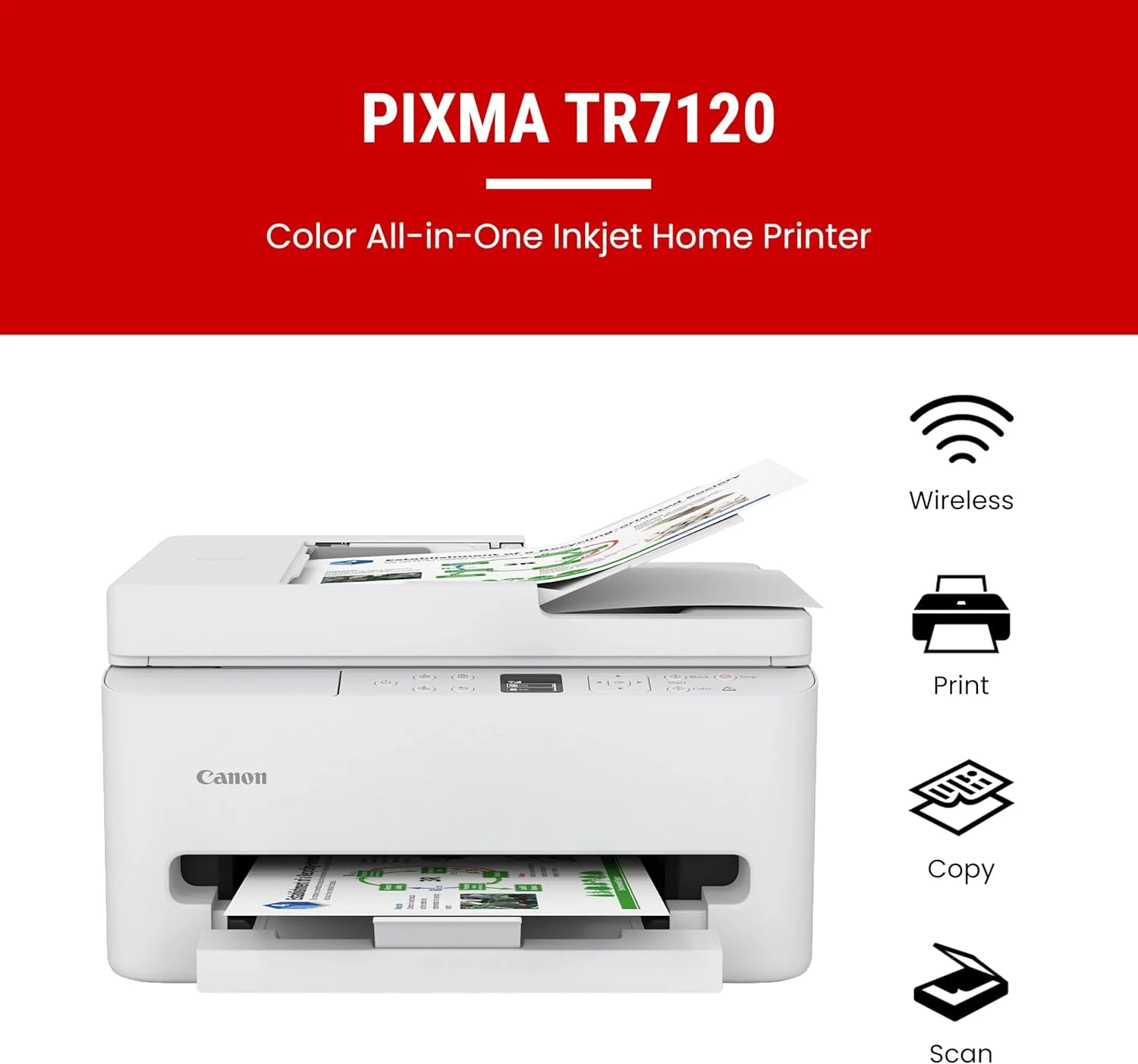 پرینتر جوهرافشان رنگی بی سیم کانن PIXMA TR7120 برای چاپ دورو، سفید - پرینتر خانگی با دستگاه کپی/اسکنر، تغذیه کننده خودکار اسناد، طراحی جمع و جور، پنل کنترل بصری