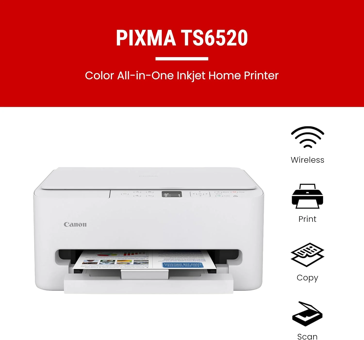 پرینتر جوهرافشان رنگی بی سیم Canon PIXMA TS6520 برای چاپ دورو، سفید - پرینتر خانگی با قابلیت کپی/اسکنر، صفحه نمایش OLED 1.42 اینچی، پنل کنترل بصری، طراحی جمع و جور