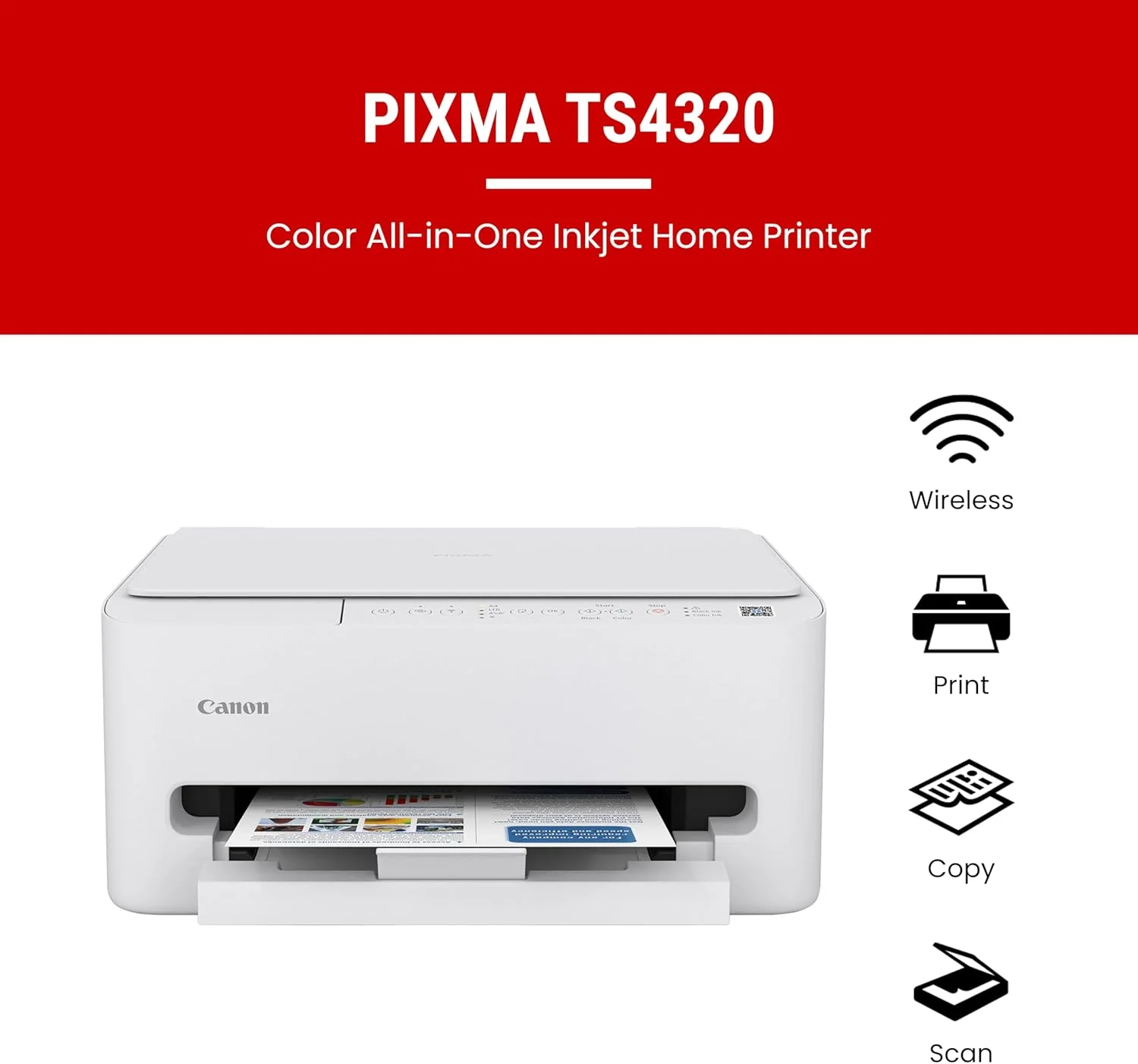 پرینتر جوهرافشان رنگی بی سیم کانن PIXMA TS4320 برای چاپ دورو، سفید - پرینتر خانگی مقرون به صرفه با دستگاه کپی/اسکنر، طراحی جمع و جور، راه اندازی آسان، 14 IPM