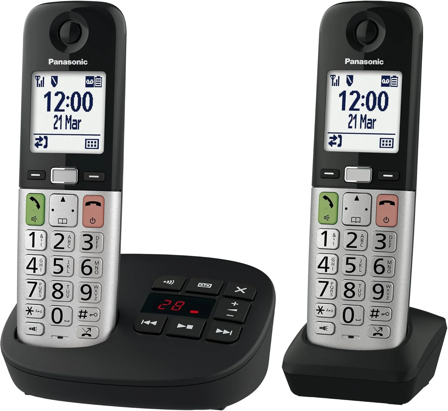 تلفن بی سیم دیجیتال پاناسونیک مدل KX-TGU432EXB با تلفن گویا، صدای تقویت شده، واحد پایه و 2 گوشی، نمایشگر LCD، چراغ قوه، سازگار با هدفون، مشکی و نقره ای تلفن بی سیم دیجیتال پاناسونیک مدل KX-TGU432EXB با تلفن گویا، صدای تقویت شده، واحد پایه و 2 گوشی، نمایشگر LCD، چراغ قوه، سازگار با هدفون، مشکی و نقره ای