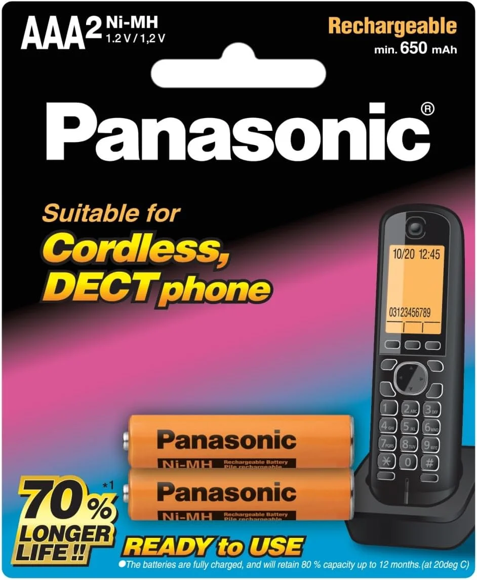 باتری های قابل شارژ نیم قلمی نیکل-متال هیدرید پاناسونیک مناسب تلفن های بی سیم DECT، بسته 2 عددی، BK-4LDAW/2BT باتری های قابل شارژ نیم قلمی نیکل-متال هیدرید پاناسونیک مناسب تلفن های بی سیم DECT، بسته 2 عددی، BK-4LDAW/2BT