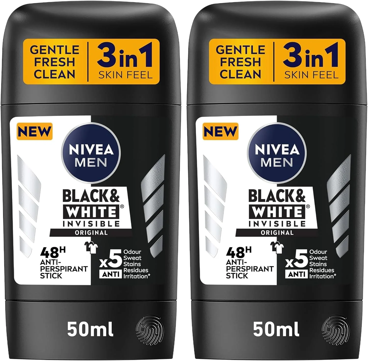استیک ضد تعریق مردانه نیوآ Black & White Invisible، اورجینال، محافظت فعال 72 ساعته، 5 در 1، ضد بو، ضد عرق، ضد لک، ضد اثر و ضد تحریک، 50 میلی لیتر (بسته 2 عددی)