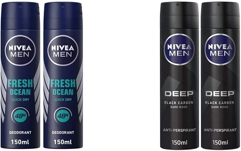 اسپری دئودورانت مردانه نیوآ، رایحه اقیانوس تازه، 2x150ml و اسپری ضد تعریق مردانه نیوآ، DEEP Black Carbon Antibacterial، رایحه چوب تیره، 2x150ml