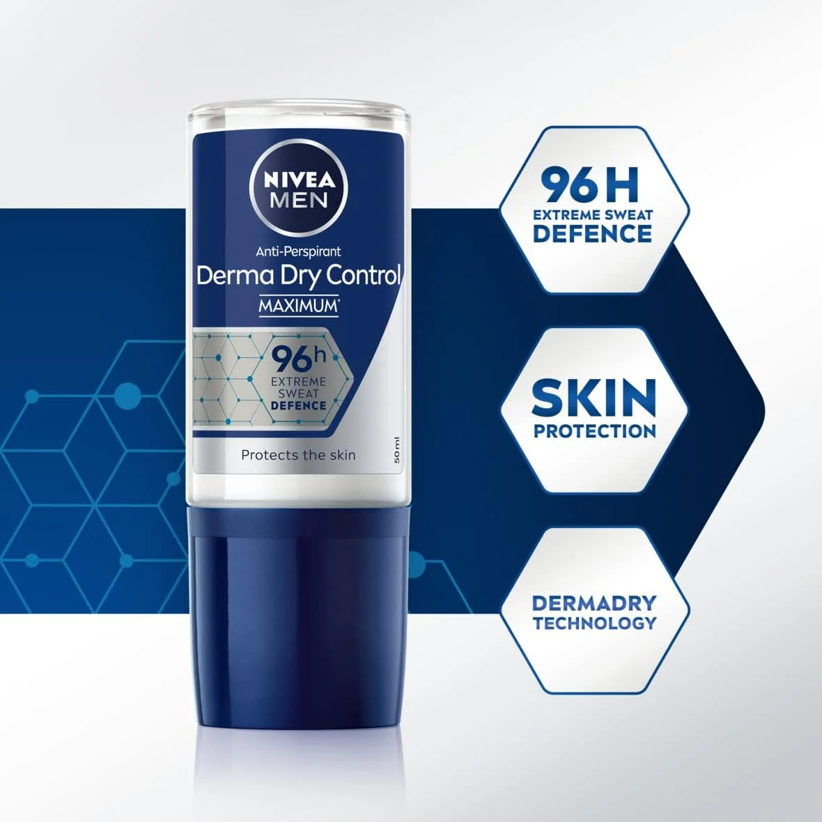 رول ضد تعریق مردانه نیوآ مدل Derma Dry Control با ماندگاری 96 ساعته (50 میلی لیتر)، دئودورانت قوی مردانه با محافظت از پوست در برابر تعریق و بوی نامطبوع