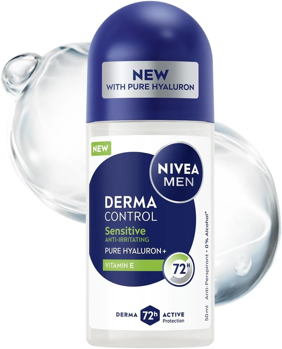 رول ضد تعریق مردانه نیوآ مدل Derma Control Sensitive، محافظت 72 ساعته، حاوی ویتامین E و هیالورونیک اسید، 50 میلی لیتر