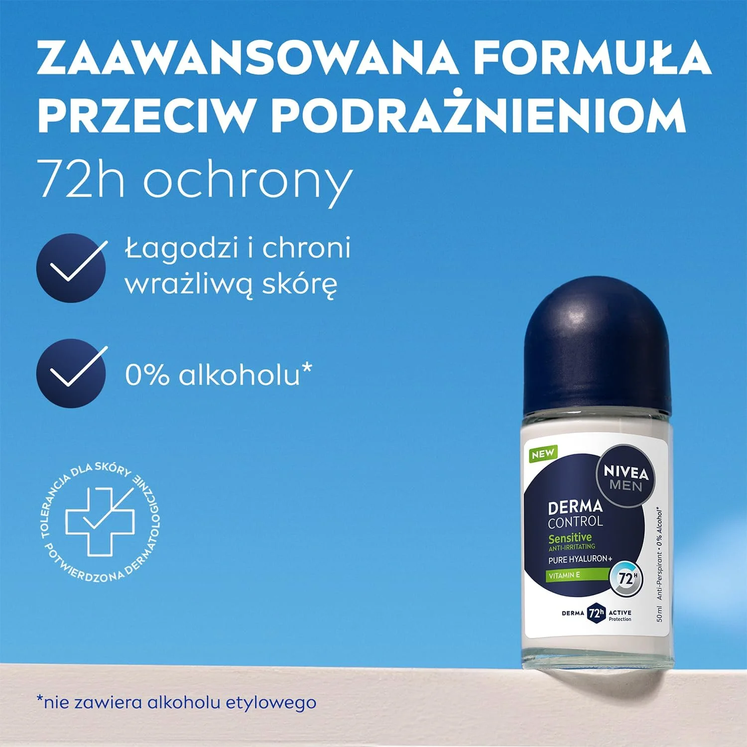 رول ضد تعریق مردانه نیوآ مدل Derma Control Sensitive، محافظت 72 ساعته، حاوی ویتامین E و هیالورونیک اسید، 50 میلی لیتر