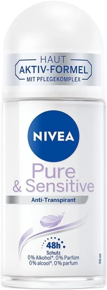 رول ضد تعریق نیوآ Pure & Sensitive (50 میلی لیتر)، محافظت 48 ساعته در برابر تعریق برای پوست حساس، رایحه ملایم، بدون الکل