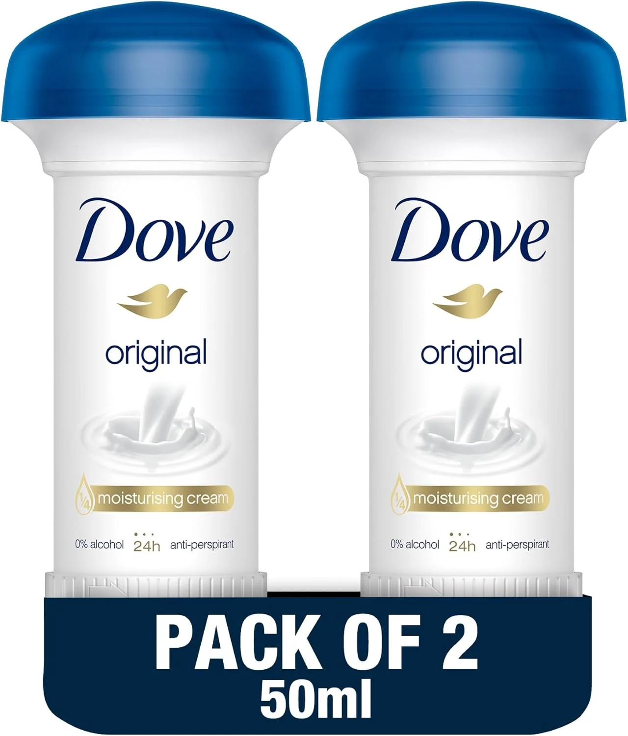 کرم ضد تعریق زنانه داو، محافظت 24 ساعته، اورجینال، بدون الکل با ¼ کرم مرطوب کننده، 50 میلی لیتر، بسته 2 عددی