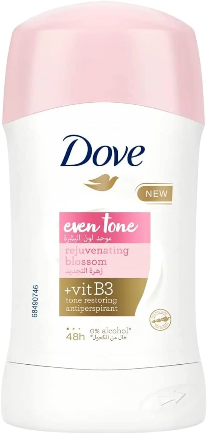 استیک ضد تعریق و خوشبو کننده بدن زنانه Dove Even Tone، بازگرداننده رنگ طبیعی پوست زیر بغل، شکوفه احیا کننده، محافظت 48 ساعته در برابر عرق و بو، 40 گرم