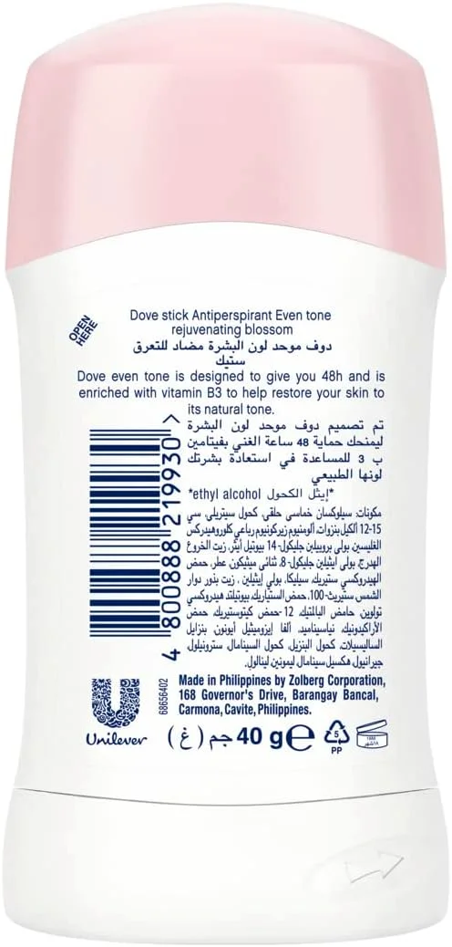 استیک ضد تعریق و خوشبو کننده بدن زنانه Dove Even Tone، بازگرداننده رنگ طبیعی پوست زیر بغل، شکوفه احیا کننده، محافظت 48 ساعته در برابر عرق و بو، 40 گرم