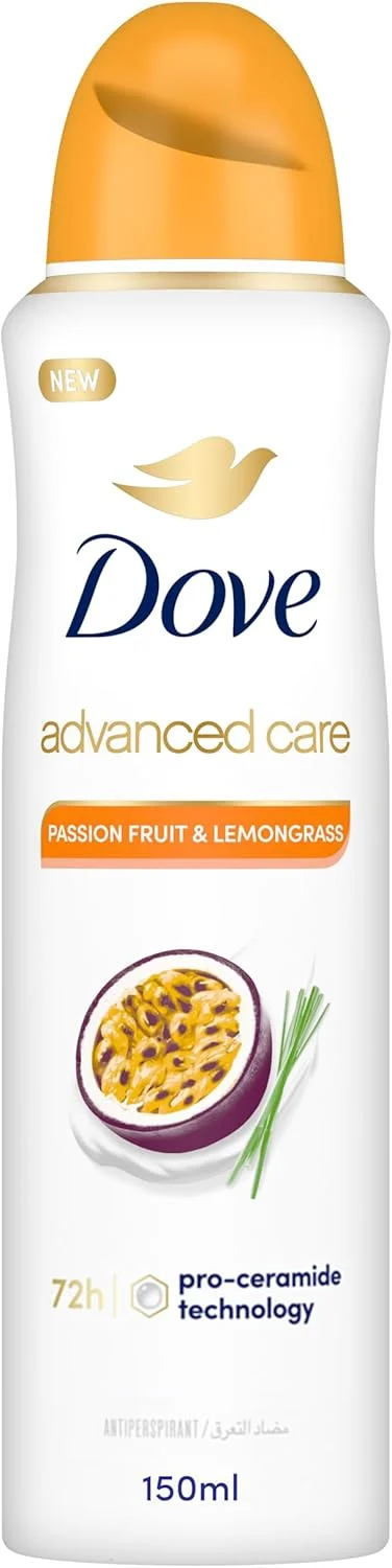 اسپری ضد تعریق و خوشبو کننده داو Advanced Care، پشن فروت و علف لیمو، محافظت 72 ساعته در برابر عرق و بو و مرطوب کننده با فناوری Pro-Ceramide، 150 میلی لیتر