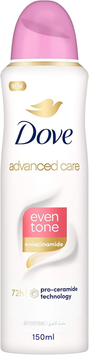 اسپری ضد تعریق داو Advanced Care، یکنواخت کننده رنگ پوست، محافظت 72 ساعته در برابر تعریق و بو و مرطوب کننده با فناوری Pro-Ceramide، 150 میلی لیتر