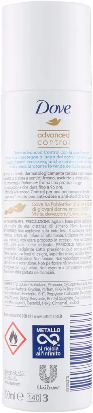 اسپری ضد تعریق Dove Advanced Control Original، محافظت تا 96 ساعت برای پوست خشک، حاوی 1/4 مرطوب کننده، ضد تعریق، بدون الکل، دئودورانت برای آقایان و بانوان، 150 میلی لیتر
