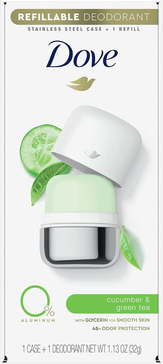 دئودورانت قابل شارژ Dove، کیت استارتر دئودورانت زنانه خیار و چای سبز بدون آلومینیوم 32 گرم
