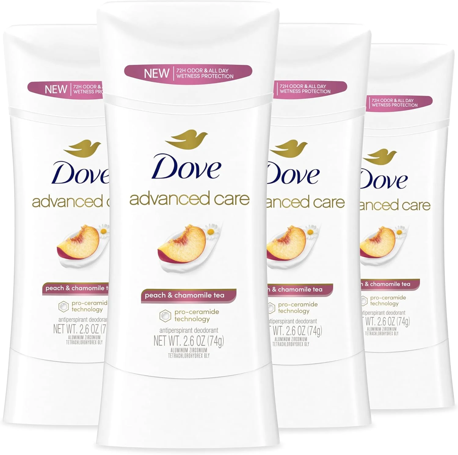 استیک ضد تعریق و خوشبو کننده داو Advanced Care با رایحه چای بابونه و هلو، 4 عددی، کمک به ترمیم پوست زیر بغل پس از اصلاح، کنترل بوی بد برای 72 ساعت و محافظت در برابر تعریق در تمام طول روز، 74 گرم