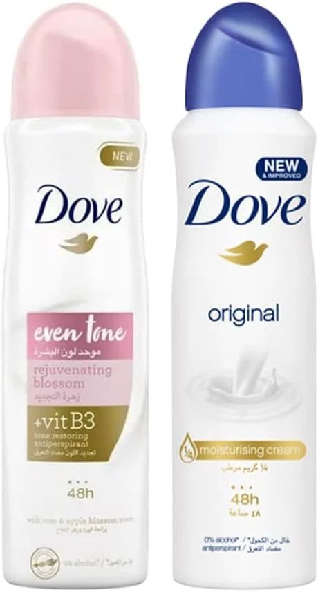 اسپری ضد تعریق زنانه داو برای محافظت طراوت بخش 48 ساعته، اورجینال، 150 میلی لیتر + اسپری ضد تعریق داو Even Tone، بازگرداندن رنگ پوست زیر بغل به رنگ طبیعی خود، 150 میلی لیتر