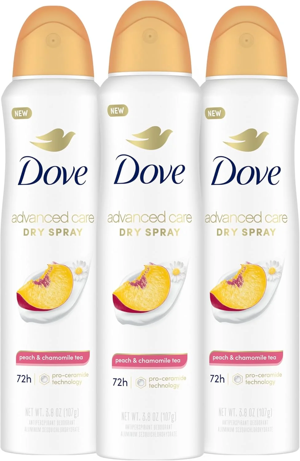 اسپری ضد تعریق Dove Advanced Care با رایحه چای هلو و بابونه، مراقبت پیشرفته زیر بغل، افزایش سطح سرامید پوست، کنترل بوی 72 ساعته و محافظت در برابر تعریق در تمام طول روز، فناوری ProCeramide، 113 گرم