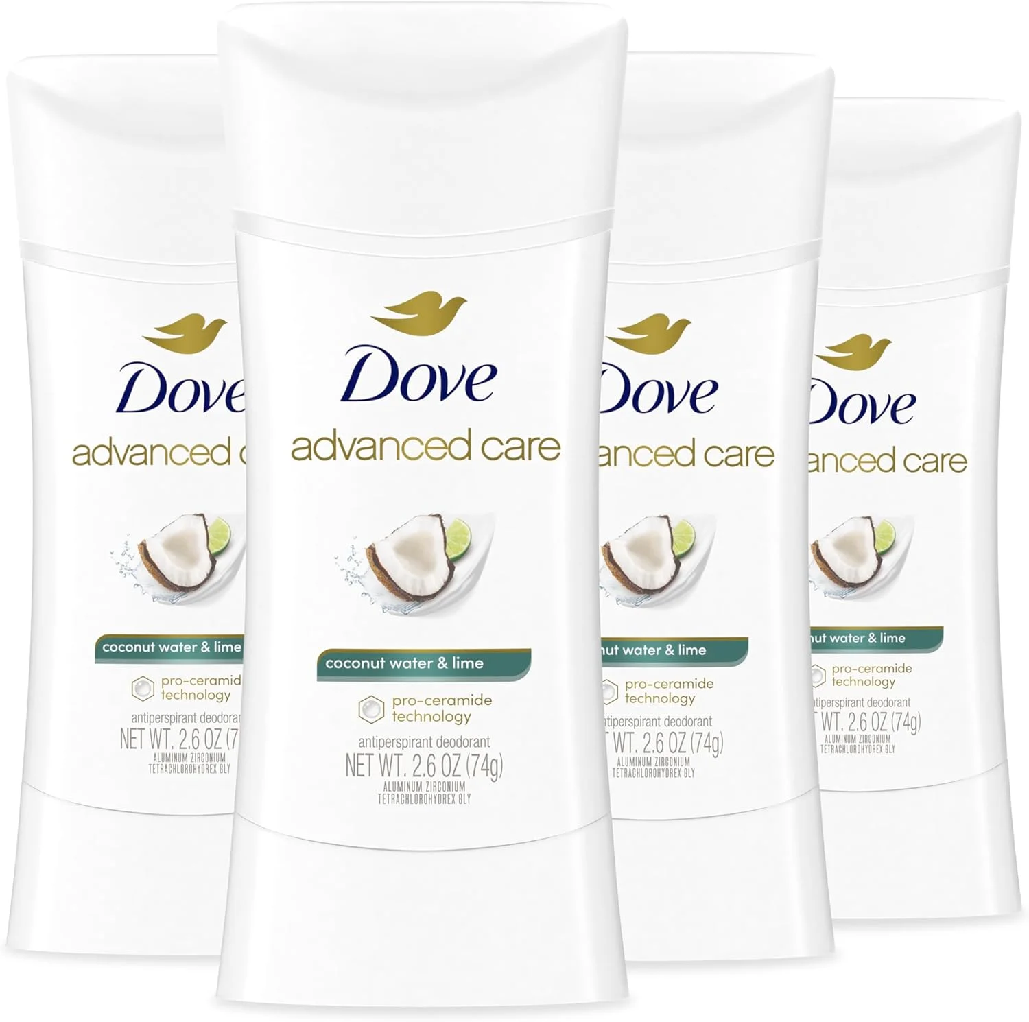 استیک ضد تعریق و خوشبو کننده بدن زنانه داو مدل Coconut Water & Lime، بسته 4 عددی، ترمیم کننده پوست زیر بغل پس از اصلاح، کنترل بوی بد تا 72 ساعت و محافظت در برابر تعریق در تمام طول روز، برای زیر بغل های نرم، 74 گرم