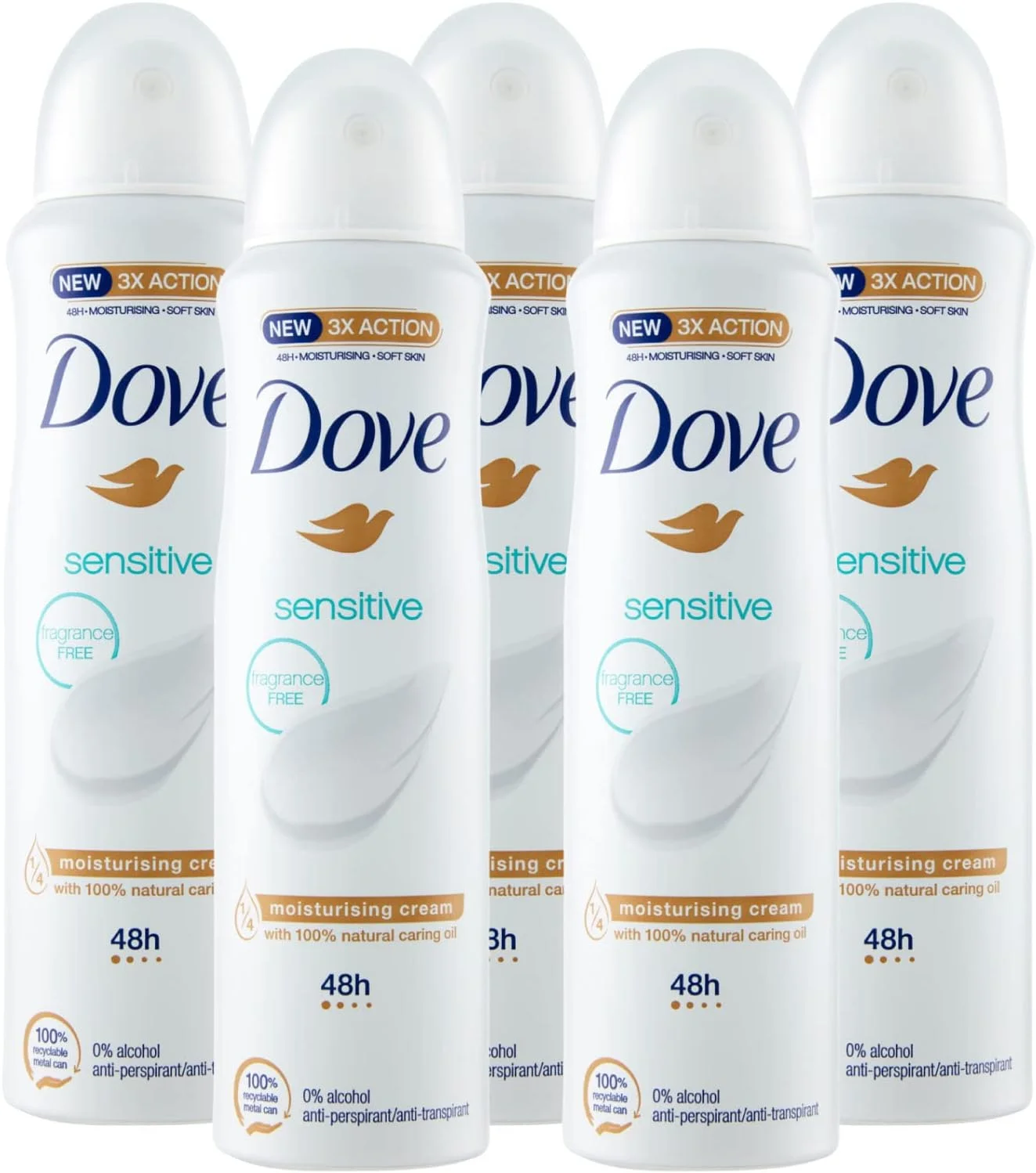 اسپری دئودورانت داو مخصوص پوست حساس، محافظت 48 ساعته، بدون رایحه و الکل - 5 عدد بطری 150 میلی لیتری