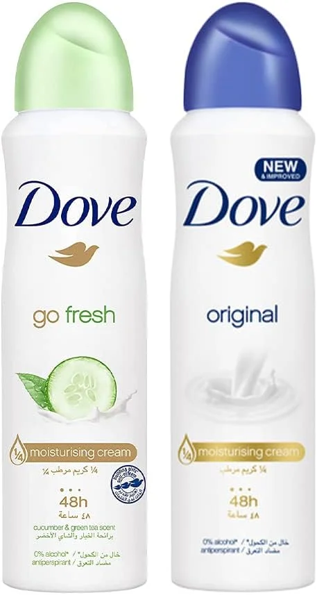 اسپری ضد تعریق زنانه داو اورجینال، 150 میلی لیتر + اسپری ضد تعریق زنانه داو گو فرش، خیار و چای سبز، 150 میلی لیتر
