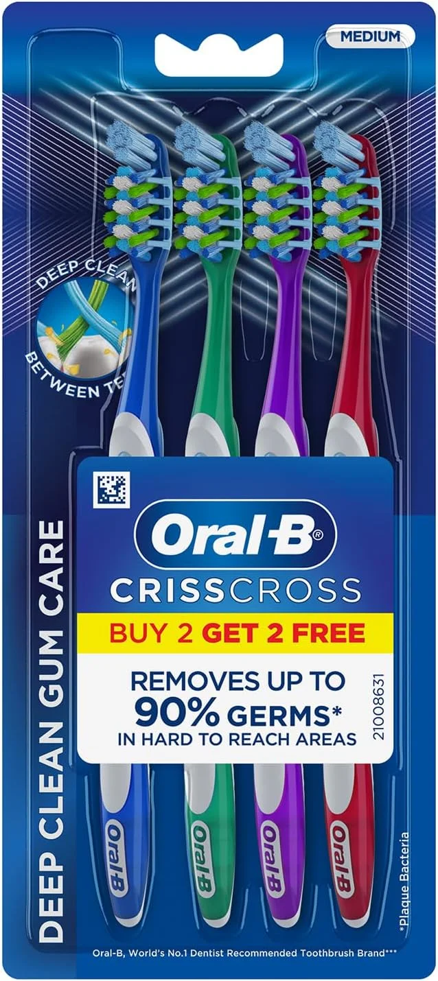 مسواک دستی اورال-بی مدل CrissCross Gum Care برای بزرگسالان (چند رنگ، متوسط، خرید 2 عدد + 2 عدد رایگان) 4 عدد
