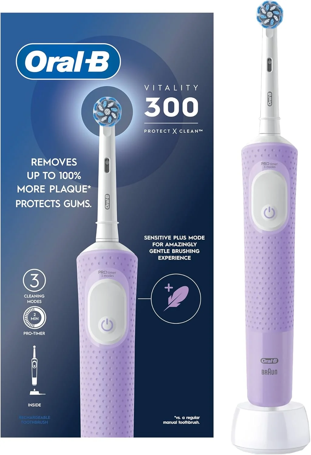 مسواک برقی شارژی Oral-B Vitality 300 با سر برس CrossAction، 3 حالت تمیز کردن و تایمر 2 دقیقه ای مدل D103.413.3 یاسی