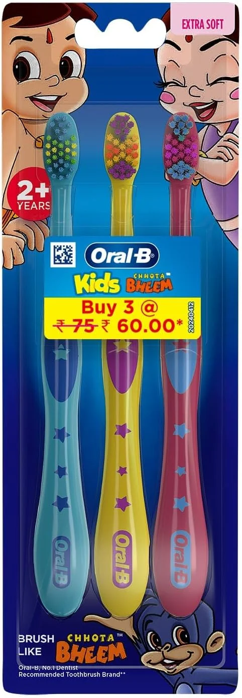 مسواک کودکانه اورال-بی چوتا بهیم، بسیار نرم، بسته 3 عددی، مناسب 2 سال به بالا، دسته با طراحی آسان برای نگهداری، طراحی شده برای سرگرم کردن کودکان در هنگام مسواک زدن، رنگ های متنوع