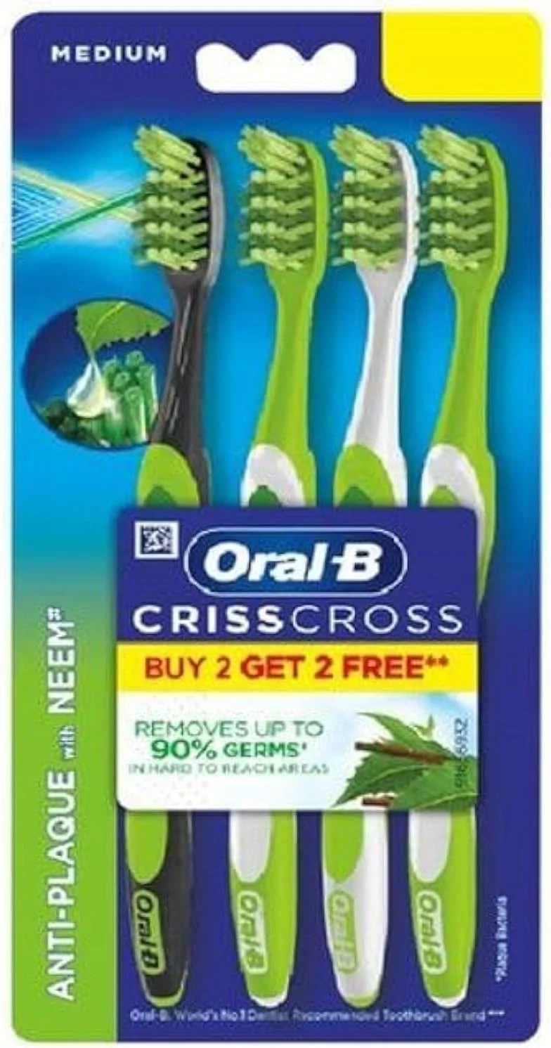 مسواک دستی متوسط اورال-بی مدل Cross Action Neem، بسته 4 عددی