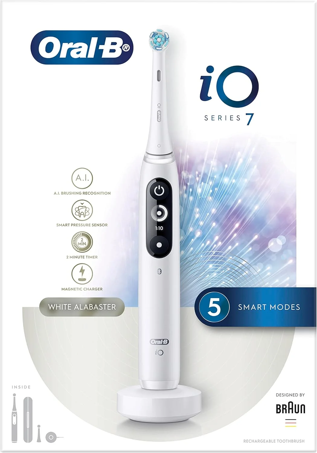 مسواک برقی شارژی Oral-B iO7، 1 دسته سفید با فناوری مغناطیسی انقلابی، صفحه نمایش سیاه و سفید، 5 حالت، 1 کیف مسافرتی ممتاز