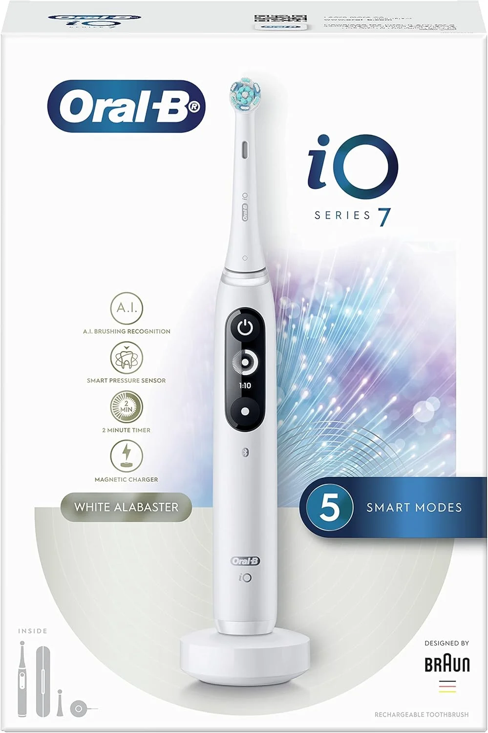 مسواک برقی شارژی Oral-B iO7، 1 دسته سفید با فناوری مغناطیسی انقلابی، صفحه نمایش سیاه و سفید، 5 حالت، 1 کیف مسافرتی ممتاز مسواک برقی شارژی Oral-B iO7، 1 دسته سفید با فناوری مغناطیسی انقلابی، صفحه نمایش سیاه و سفید، 5 حالت، 1 کیف مسافرتی ممتاز