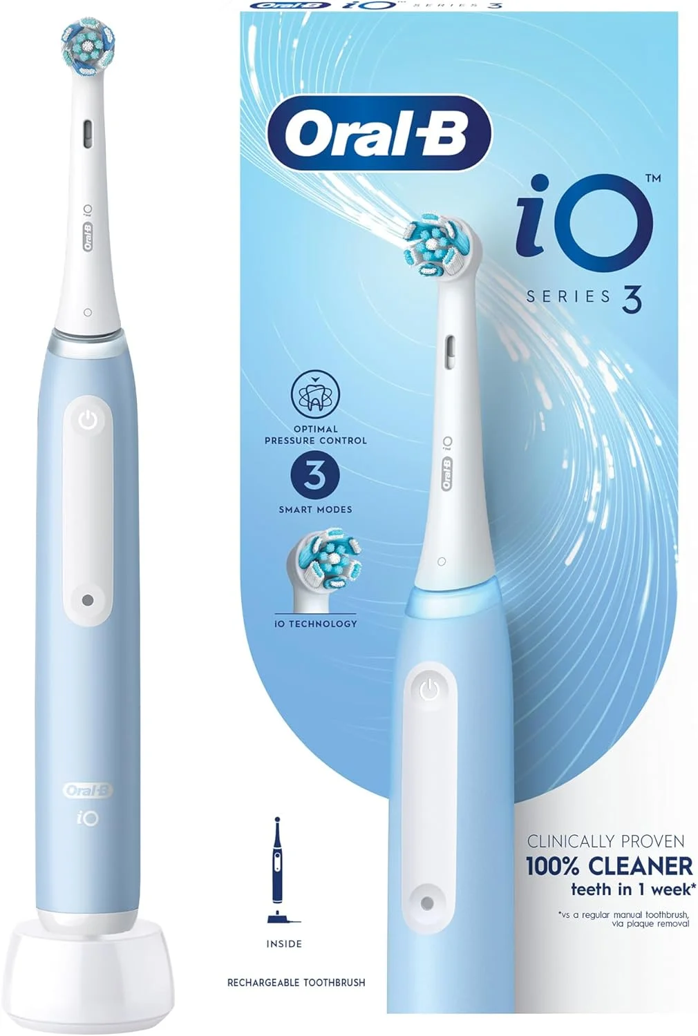 مسواک برقی شارژی Oral-B iO3 Series 3، دارای 3 حالت هوشمند. فناوری iO، هوش مصنوعی، کنترل فشار بهینه iOG3.1A6.0 - آبی