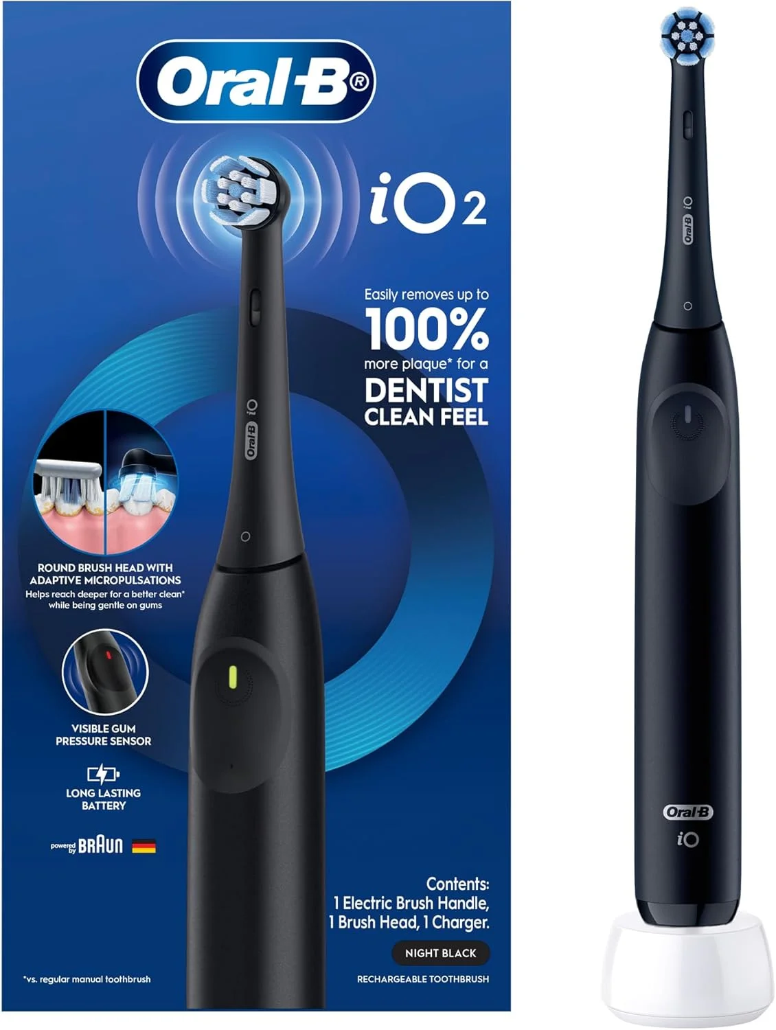 مسواک برقی شارژی اورال بی iO2 سری 2، دارای 3 حالت هوشمند، فناوری iO، سنسور فشار، میکرو پالس های تطبیقی - IOS2.IC9.1K - مشکی