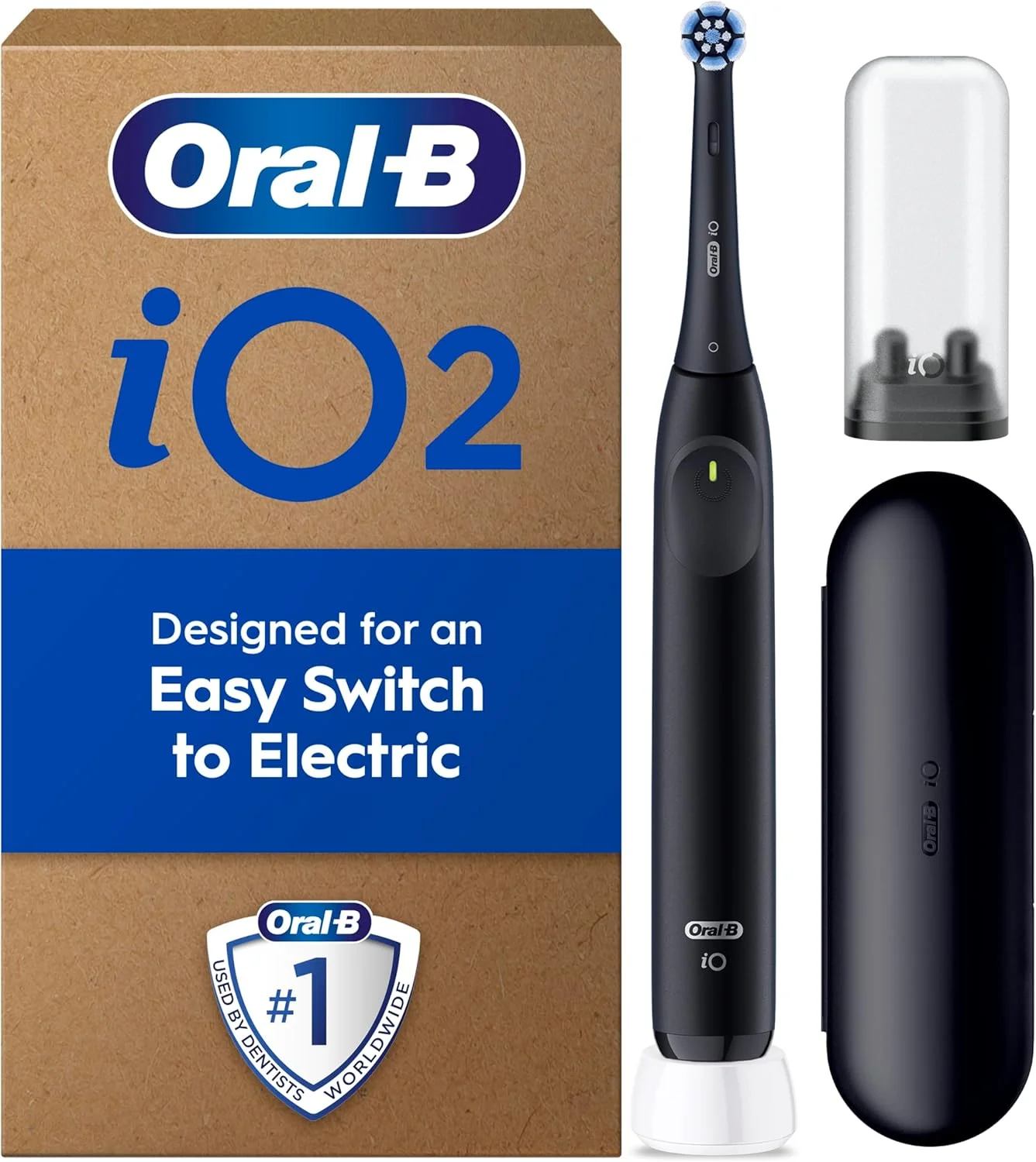 مسواک برقی Oral-B iO2، دارای 1 سری مسواک Gentle Care، 1 جعبه مسافرتی، 1 نگهدارنده سری مسافرتی، مسواک Oral B برای بزرگسالان (مشکی شب)، طراحی شده توسط Braun، دوشاخه 2 پین UK