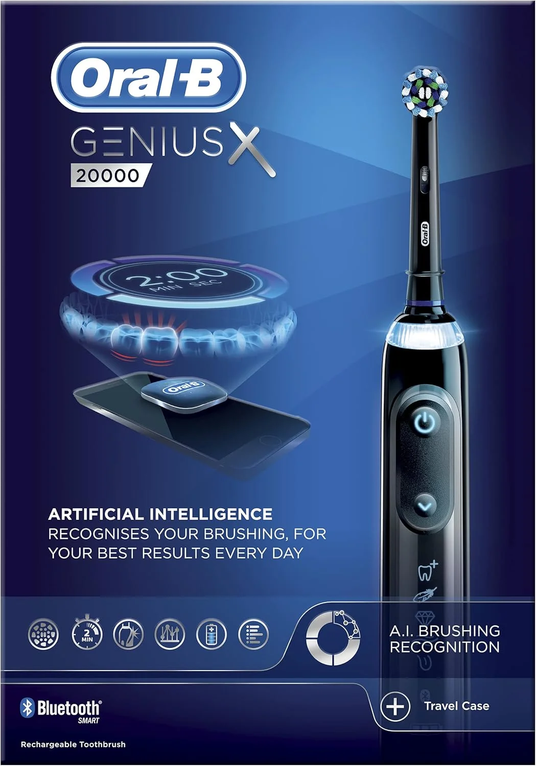 مسواک برقی هوشمند مشکی Oral-B Genius X با هوش مصنوعی، 1 عدد سری مسواک Sensi Ultrathin، 6 حالت تمیز کردن، سنسور فشار لثه، جعبه مسافرتی هوشمند USB، دوشاخه 2 پین بریتانیا