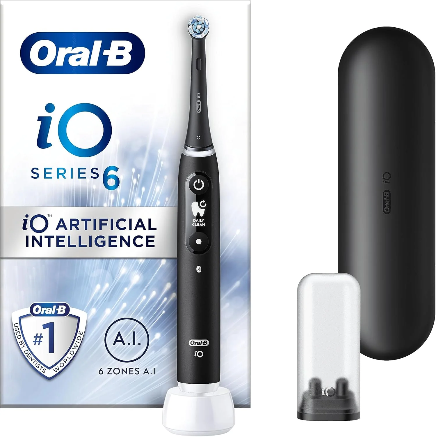 مسواک برقی Oral-B iO6 با فناوری انقلابی iO، 1 سری مسواک و کیف مسافرتی، 5 حالت با سفید کننده دندان، دوشاخه 2 پین بریتانیا، مشکی آتشفشانی