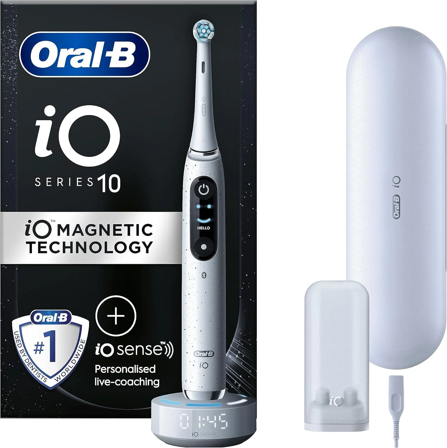 مسواک برقی بزرگسالان Oral-B iO10، هدیه برای خانم ها/آقایان، 1 دسته، 1 سری مسواک Ultimate Clean و جعبه مسافرتی شارژ، 7 حالت، دوشاخه 2 پین بریتانیا، سفید Stardust، مسواک Oral B IO