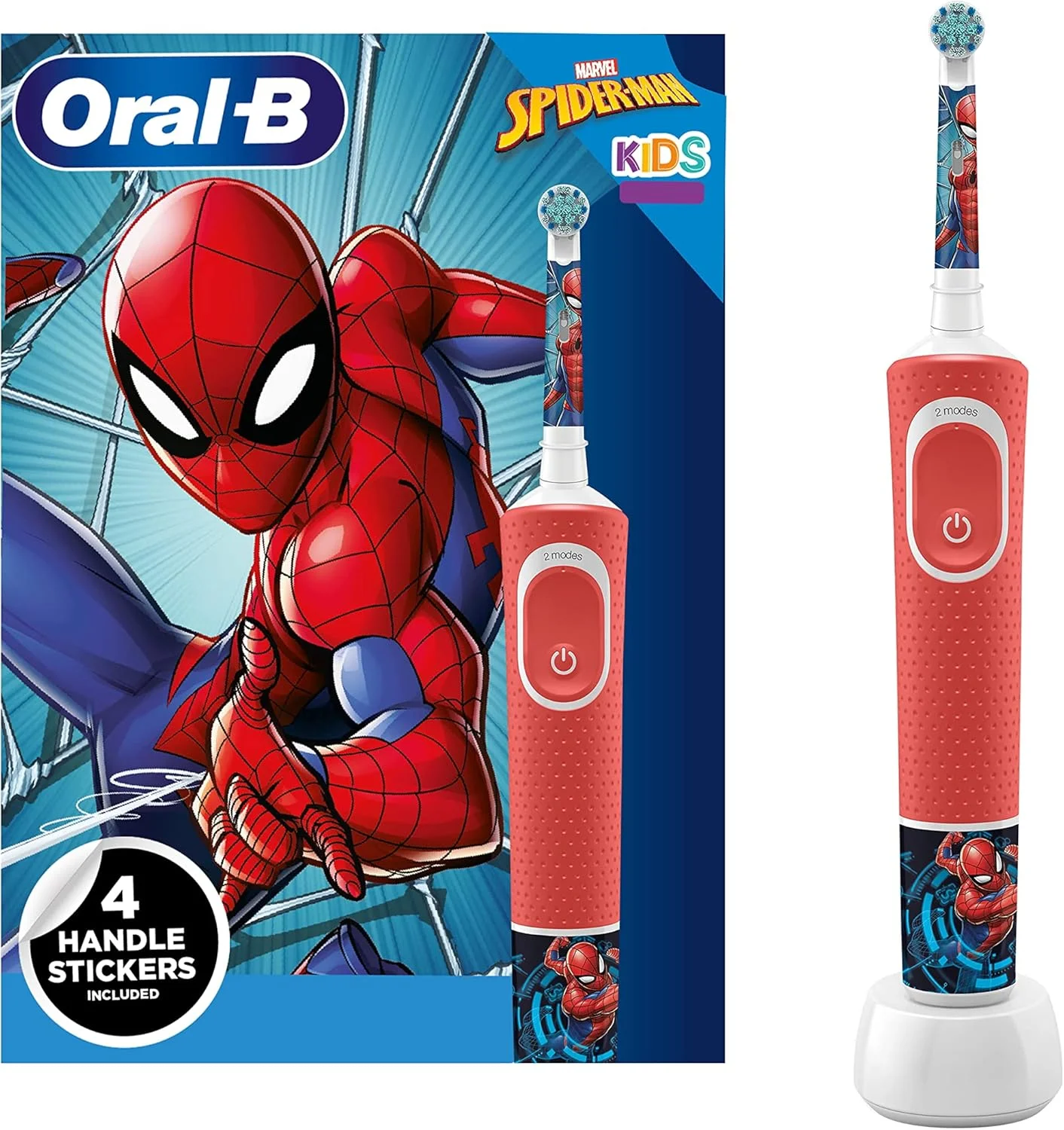 مسواک برقی کودکانه Oral-B، 1 سری مسواک، x4 برچسب مرد عنکبوتی، 2 حالت با حالت حساس مناسب کودکان، برای سنین 3 سال به بالا، دوشاخه UK، قرمز