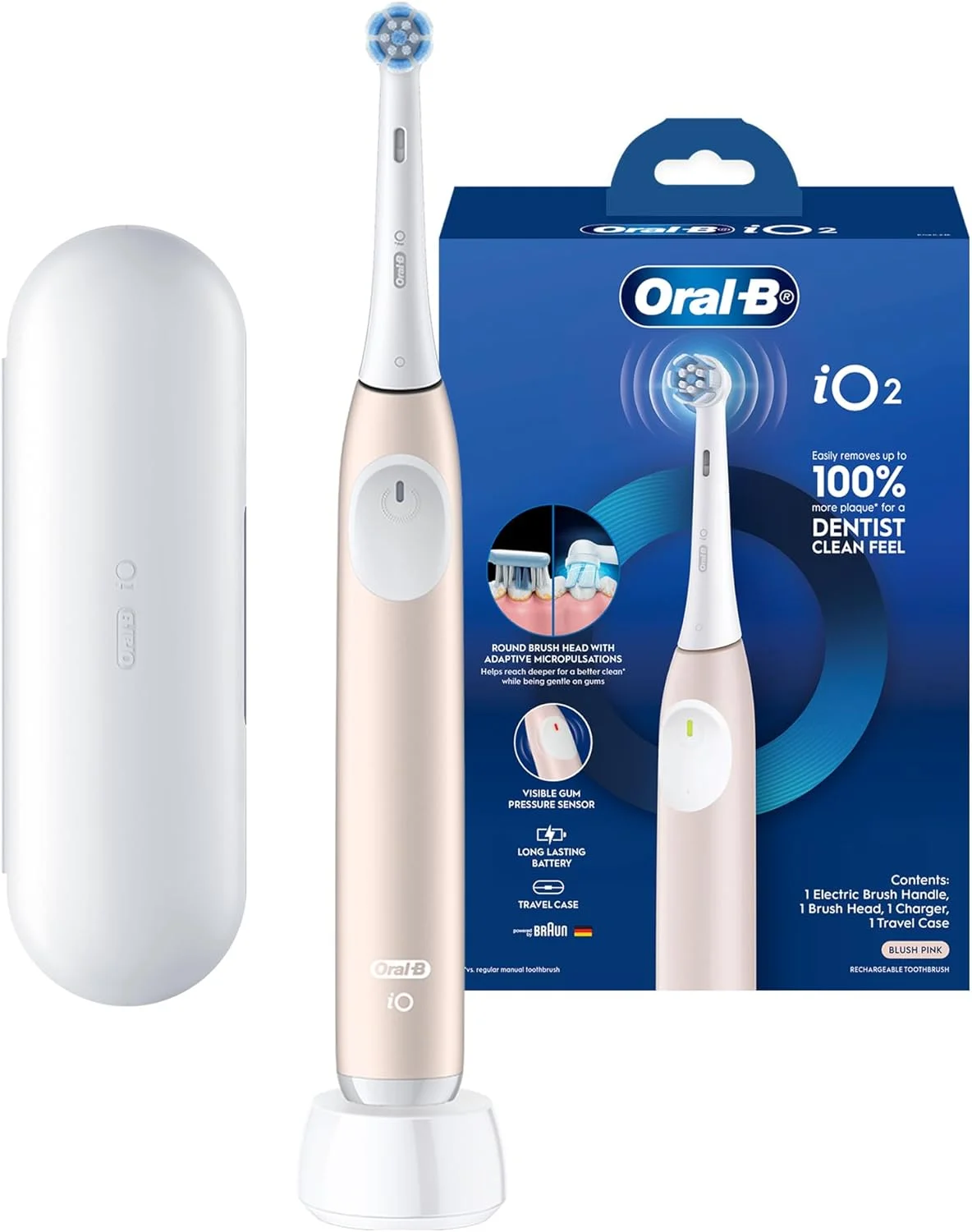 مسواک برقی شارژی اورال بی iO2 سری 2، دارای 3 حالت هوشمند، فناوری iO، حسگر فشار، میکرو پالس های تطبیقی، به همراه کیف مسافرتی - IOS2.IC9.1K - صورتی