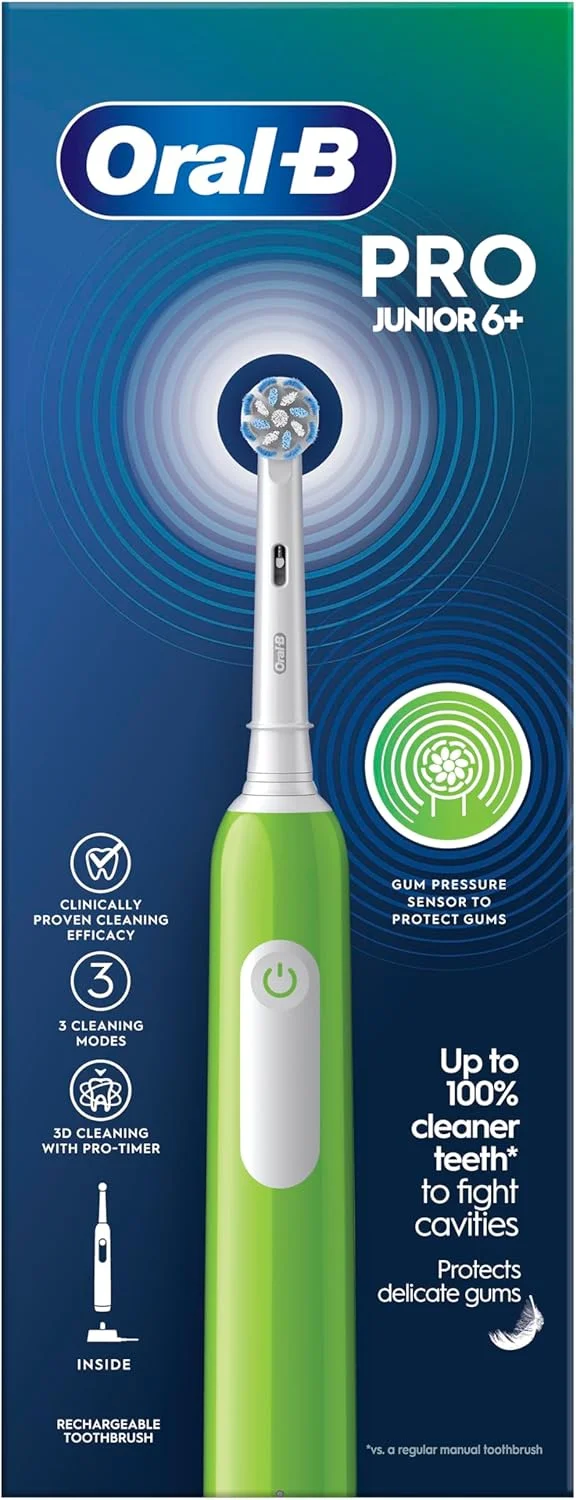 مسواک برقی کودکانه Oral-B Pro Junior، 1 سری مسواک، 3 حالت با حالت ملایم مناسب کودکان، برای سنین 6 سال به بالا، دوشاخه UK، سبز