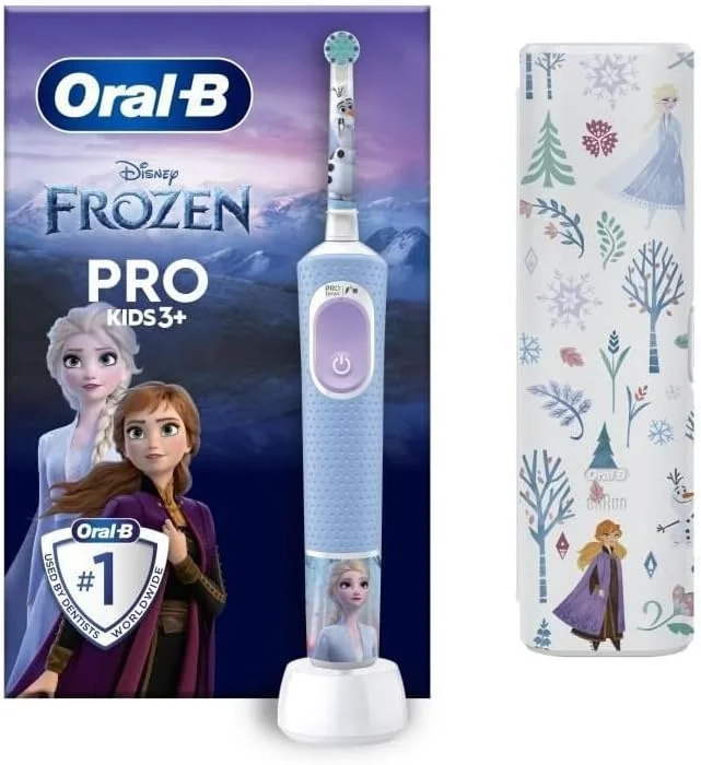 مسواک برقی کودکانه Oral-B Pro Kids Frozen، مناسب کودکان 3 سال به بالا، شامل حالت Sensitiv+ برای مراقبت از دندان، برس های فوق العاده نرم، 1 عدد سری مسواک، 1 عدد جعبه مسافرتی، 4 عدد برچسب، آبی/بنفش